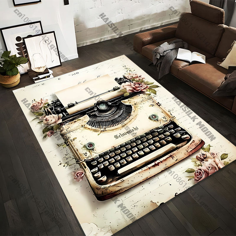 Commercial Printing And Design - 21サイズのヴィンテージタイプライターと花柄のプリントエリアラグ、大人用ヨガマット、リビングルームの装飾、パーソナライズドのドアマット